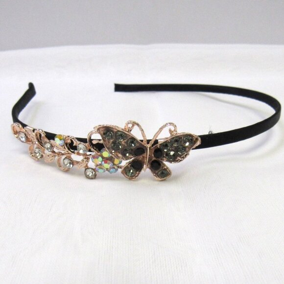 Rose Gold Black & Gray Rhinestone Crystal Butterfly Headband NEW - Picture 1 of 1